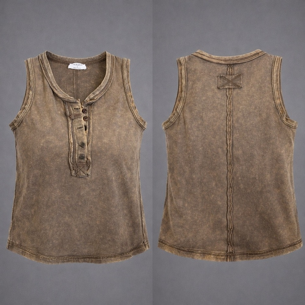 🍁Zenana Acid Wash Sleeveless Boho Mocha Tank Top NWT Medium